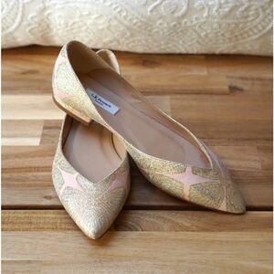 LK Bennett Cally Pointed Toe Ballet Flats Pink Gold Metallic Jacquard US 6